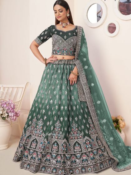Green Satin Zari Embellished Lehenga Choli With Dupatta