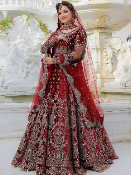 Maroon Mirror Embellished Bridal Lehenga In Velvet