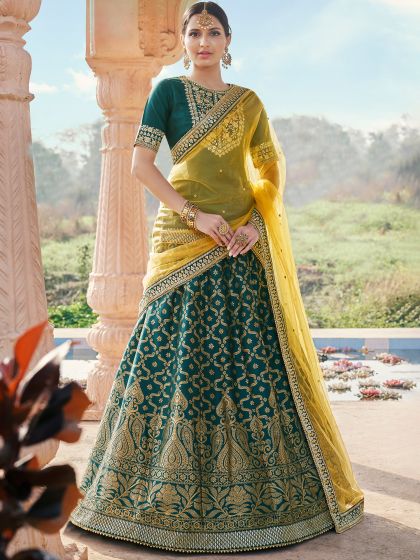 Green Sequins Embroidered Lehenga Choli In Brocade Silk