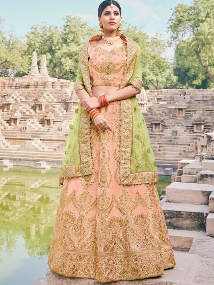 Orange Embellished Lehenga Choli In Handloom Silk
