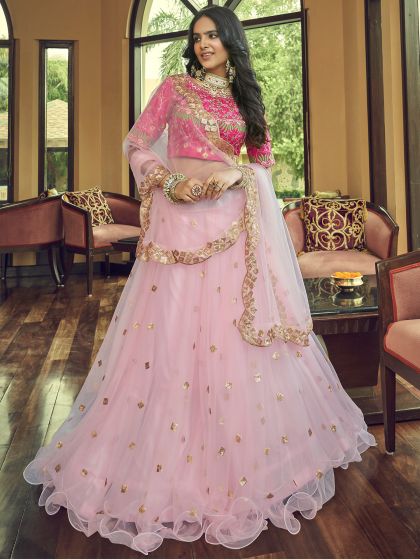 Pink Sequins Work Net Lehenga Choli With Dupatta
