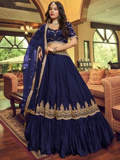 Blue Ruffle Styled Lehenga Choli In Satin With Dupatta