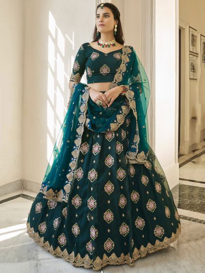 Green Thread Work Embellished Lehenga With Blouse