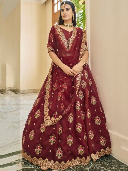 Maroon Organza Lehenga Choli With Zari Work