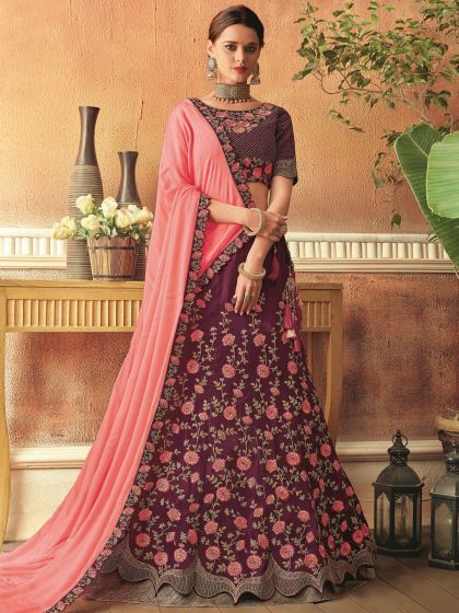 Purple Floral Embroidered Lehenga Choli With Dupatta