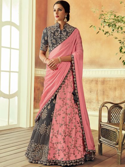 Grey Zari Work Lehenga Choli With Floral Embroidery