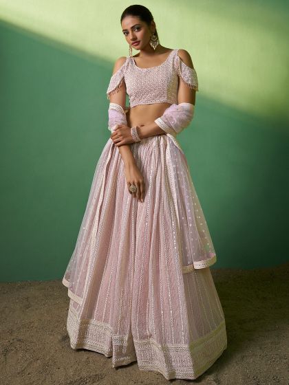 Off White Mirror Embroidered Bridesmaid Lehenga Set