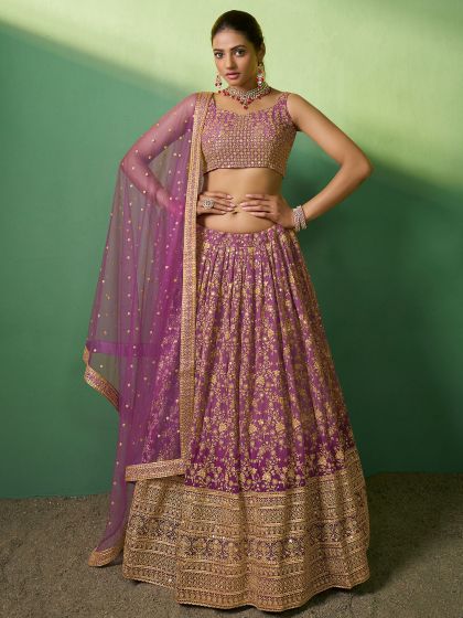 Purple Embroidered Lehenga Choli In Georgette