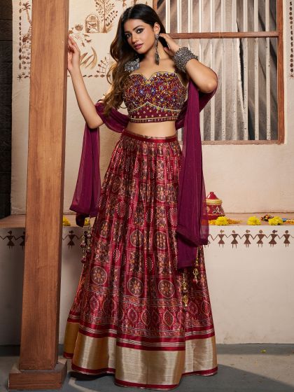 Magenta Printed Lehenga With Embroidered Choli