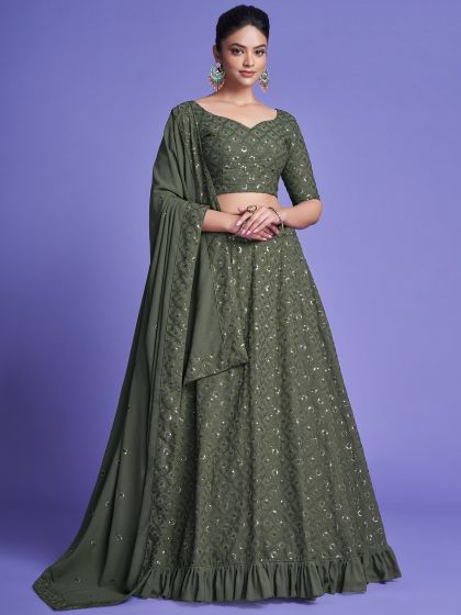 Green Sequin Embellished Lehenga Choli With Dupatta