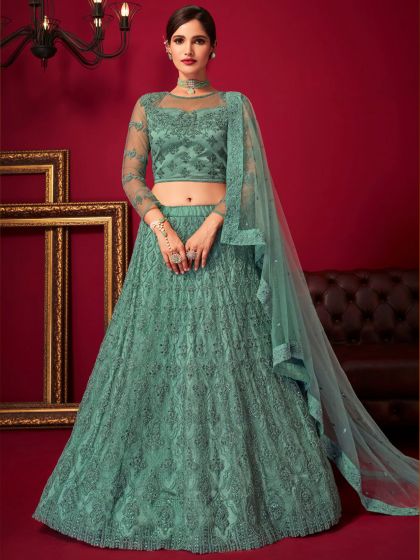 Green Bridesmaid Lehenga Choli In Net Embroidery