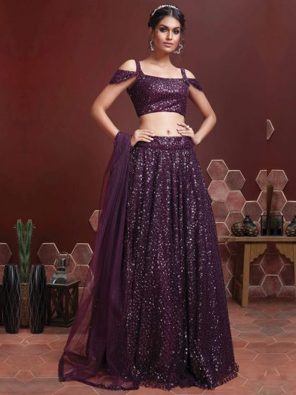 Wine Sequin Augmented Lehenga Choli In Net