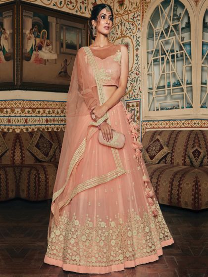 Peach Appliques work Lehenga Choli In Net