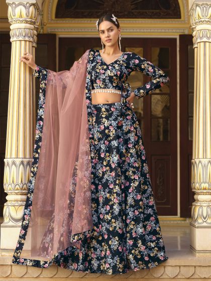 Black Floral Printed Festive Lehenga Choli In Silk