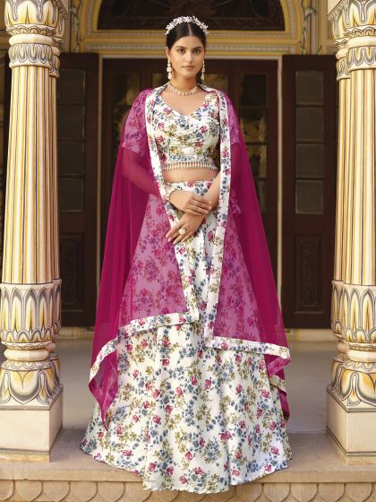 White Party Wear Silk Lehenga Choli In Floral Print