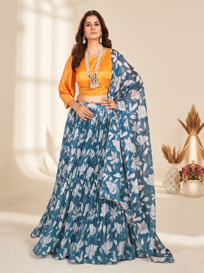 Deep Blue Festive Printed Lehenga Choli In Organza