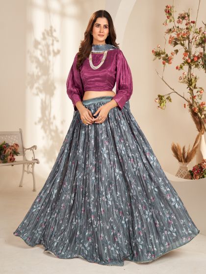 Dark Grey Digital Printed Organza Lehenga Choli