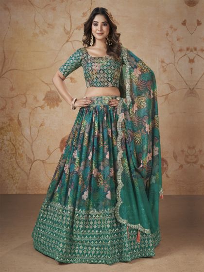 Green Georgette Lehanga Choli With Floral Print