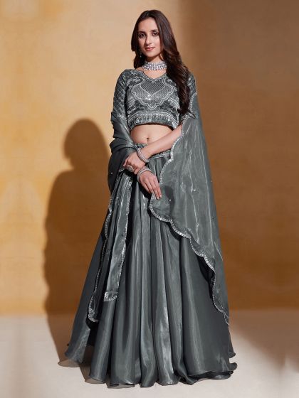 Grey Organza Silk Lehenga Choli In Thread Work