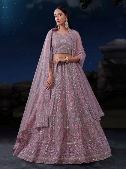 Dusty Mauve Heavy Embroidered Net Lehanga Choli