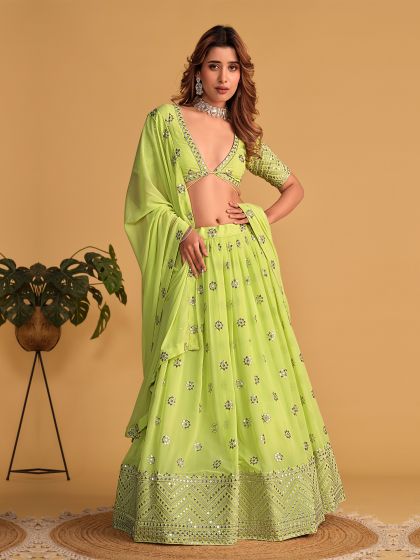 Light Green Sequins Embellished Lehenga With Choli