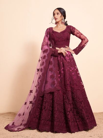 Maroon Floral Embroidered Lehenga Choli In Net