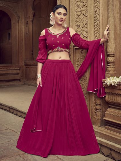 Rani Pink Puffy Sleeved Lehenga Choli In Georgette