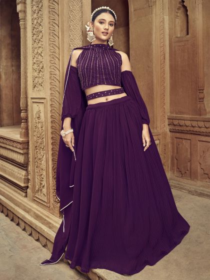 Wine Indowestern Styled Lehenga Choli in Georgette