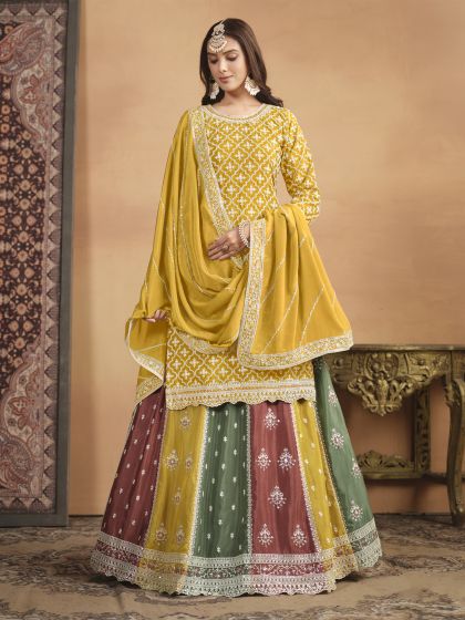 Yellow Thread Embroidered Lehenga With Long Kurti