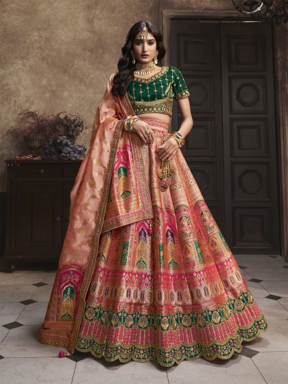 Pastel Peach Wedding Lehenga Choli In Banarasi Silk