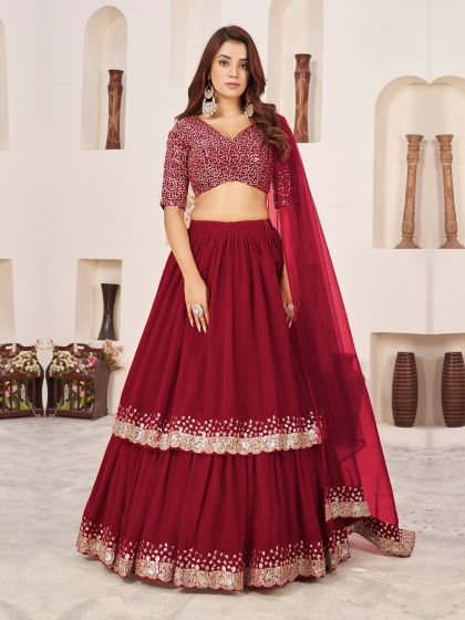 Maroon Sequined Double Layered Lehenga Choli In Georgette