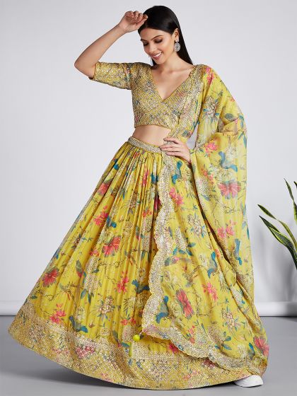 Yellow Floral Print Embellished Lehenga Choli In Organza