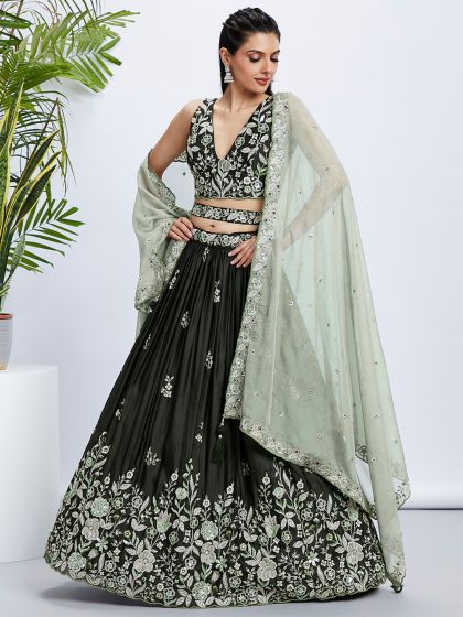 Moss Green Heavy Floral Embroidered Lehenga Choli In Raw Silk