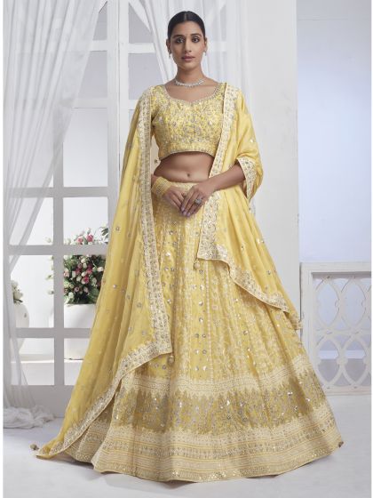 Corn Yellow Zari Embroidered Chiffon Silk Lehenga Choli