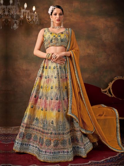 Multicolor Thread Work Enhanced Lehenga Choli In Organza