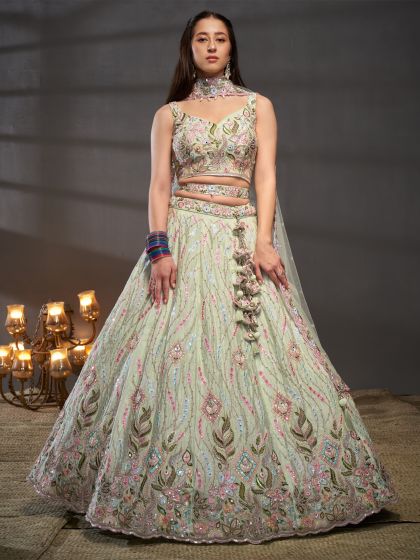 Olive Green Thread Embroidered Wedding Lehenga Choli In Chiffon Silk