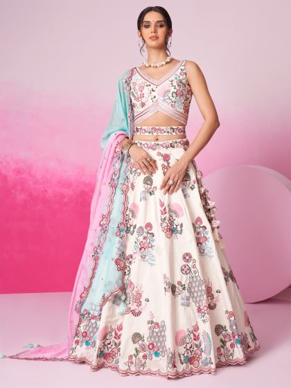 White Thread Heavy Embellished Silk Lehenga Choli