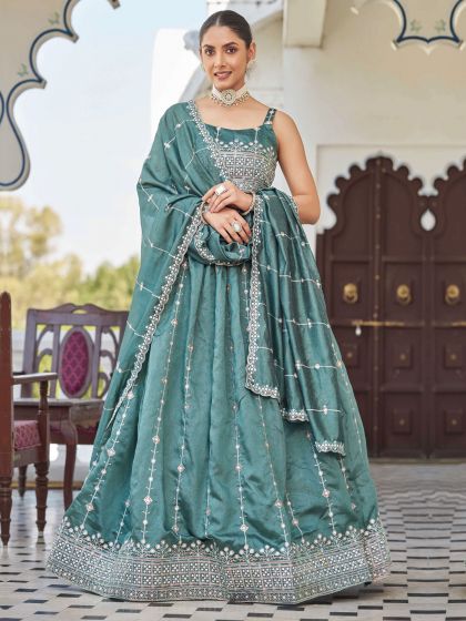 Teal Blue Lehenga Choli In Silk With Zari Work