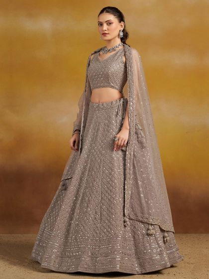Brown Sequins Enhanced Georgette Lehenga Choli Set