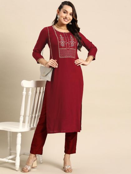 Maroon Embroidered Rayon Kurti