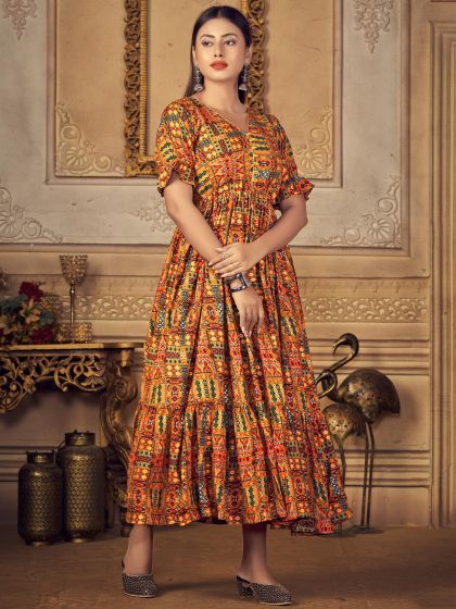 Yellow Printed Dress In Rayon