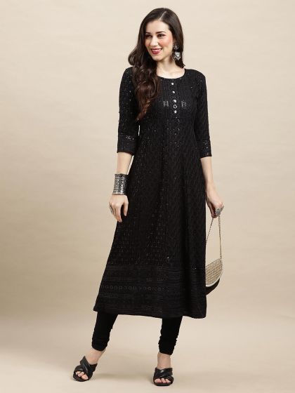 Black Resham Embroidered Flared Kurti