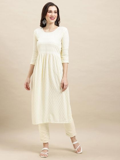Off White Resham Embroidered Kurti In Rayon