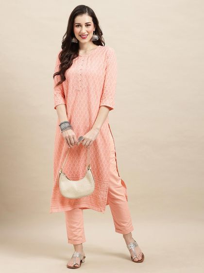 Peach Straight Cut Kurti With Embroidery