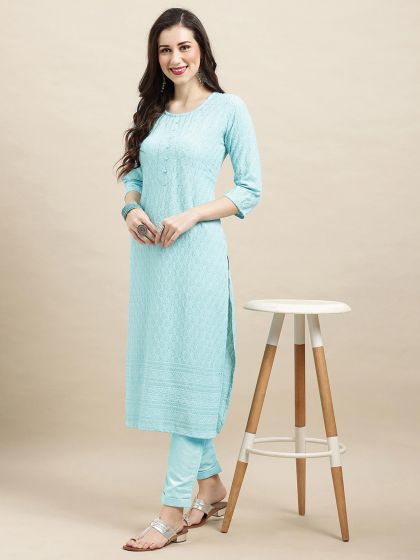 Blue Embroidered Straight Cut Rayon Kurti