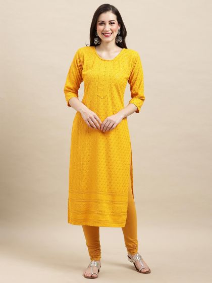 Yellow Embroidered Straight Cut Rayon Kurti