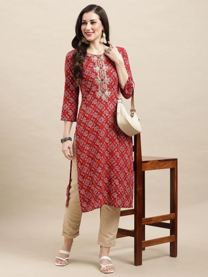 Red Bandhani Printed Casual Wear Kurti
