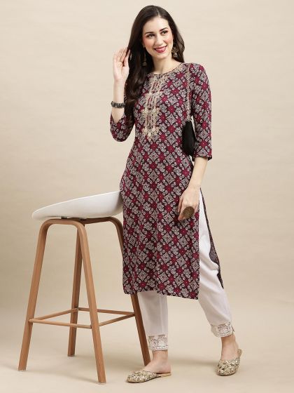 Maroon Bandhej Printed Kurta In Rayon