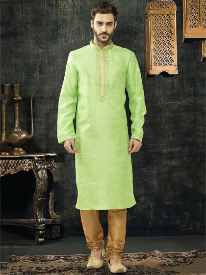 Green Colour Poly Silk Kurta Pajama.