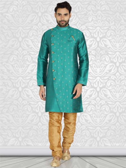 Jacquard Fabric Kurta Pajama Green Colour.